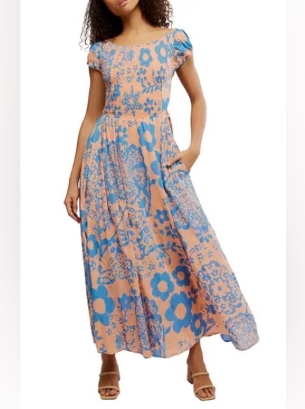 NWOT Free People Ultraviolet Smocked Cutout Maxi
Dress - Pale Pink/Blue (Size L)